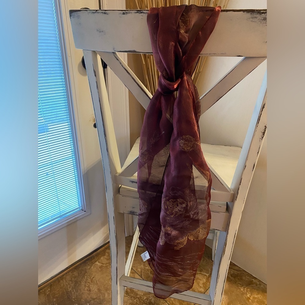 Italian Made Sheer Wine Burgundy Gold Shimmer Evening Scarf Wrap 60"